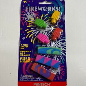 Vintage Pentech Fireworks Pencil Erasers Set of 7 Blue Red Pink NIP SEALED